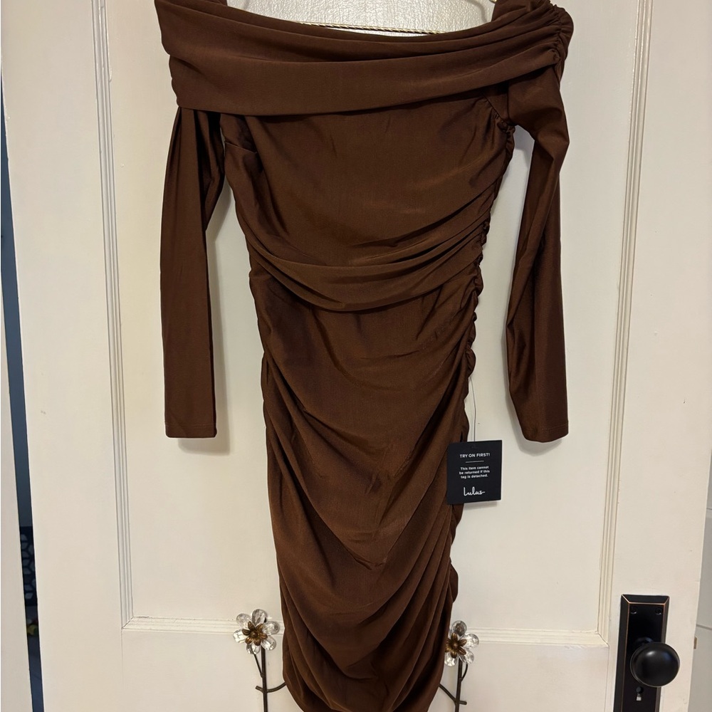 Lulu's Sparkly Deep Bronze Off-Shoulder Dress new with tags